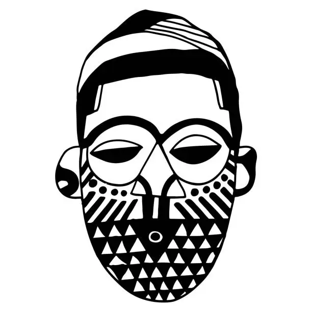 Vector illustration of African tribal ritual mask. Doodle black and white outline simple art. Line art sketch. Vector artwork