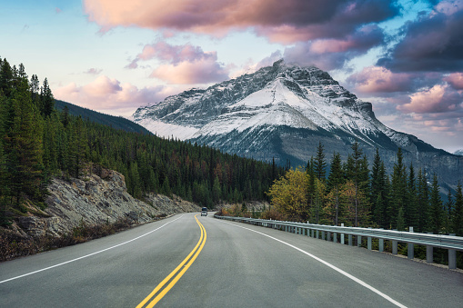 Scenic view road trip driving with rocky mountains and forest on highway in the evening at Jasper national park, AB, Canada