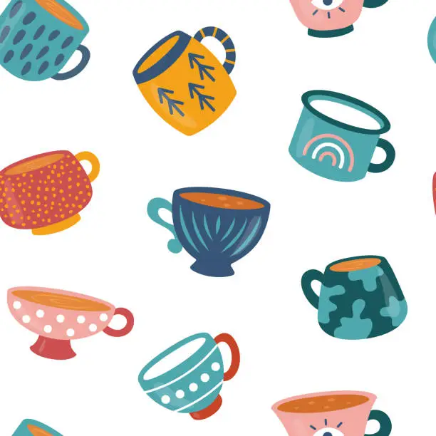 Vector illustration of Coffee or tea cups seamless pattern. Kitchen or ceramic crockery theme. Cartoon mugs with different ornaments.