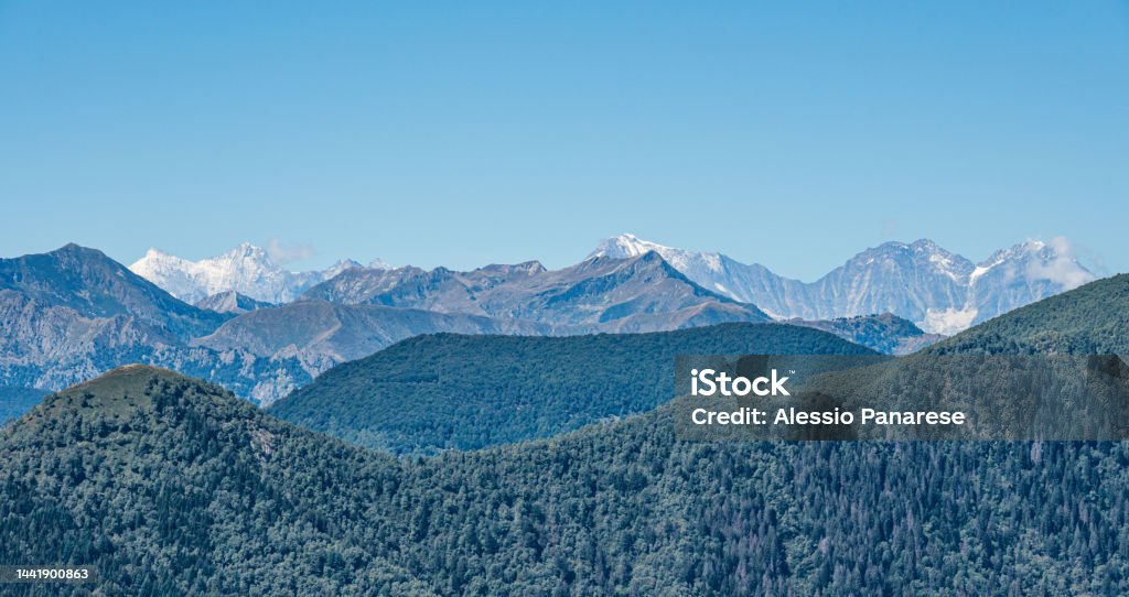 Aerial view of the Weisshorn-Zinalrothorn mountain range in the Swiss Alps Angle Stock Photo