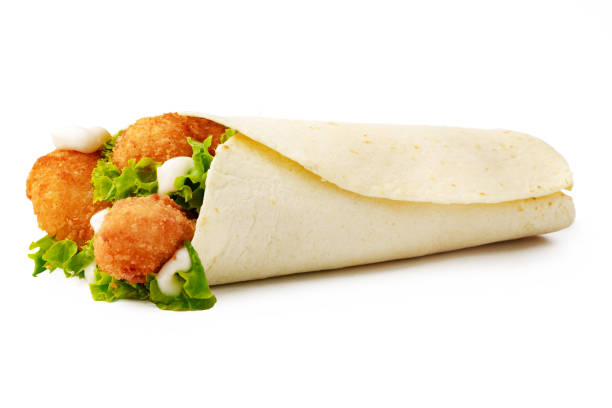 istock Tortilla wrap with fried chicken meat and vegetables isolated on white background 1441901512