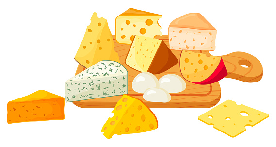 Cheese. Pieces of cheese lying on a cutting board.Vector illustration.