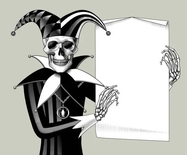 Vector illustration of Engraved human skeleton in a Joker suit with a paper sheet banner in the hands
