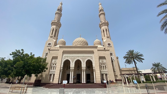 Dubai, United Arab Emirates – August 12, 2022: Façade of Jumeirah Mosque in Dubai, UAE.