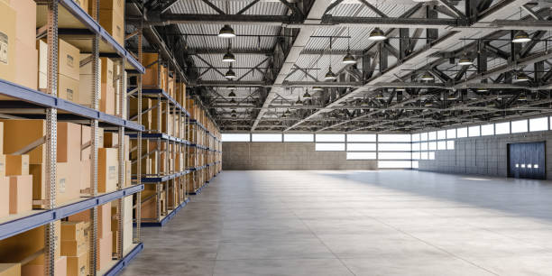 햇볕에 쬐인 창고 3d 렌더링에 상자가 있는 선반 - warehouse interior 뉴스 사진 이미지