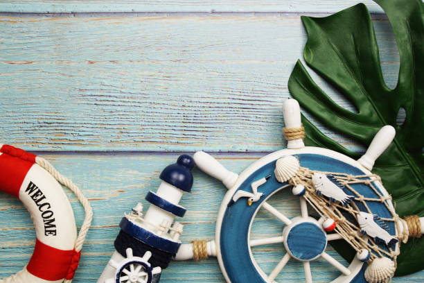 istock Marine Items nautical Decoration with space copy on wooden background 1441908040