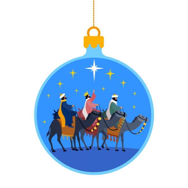 Nativity Scene. Shining star and three wise men. Christmas Ball. vector art illustration