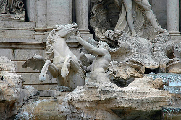 Scuulpture Of Triton & Sea Horse In Trevi Fountain stock photo