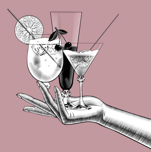 illustrazioni stock, clip art, cartoni animati e icone di tendenza di mano femminile che tiene bicchieri di vino con cocktail - fruit liqueur