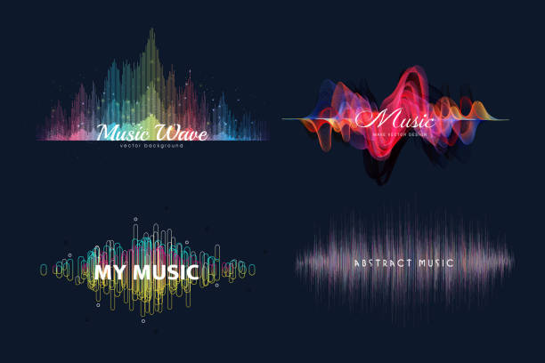 illustrazioni stock, clip art, cartoni animati e icone di tendenza di onde sonore. forma d'onda audio di frequenza, elementi di interfaccia hud dell'onda musicale - sound wave sound mixer frequency wave pattern