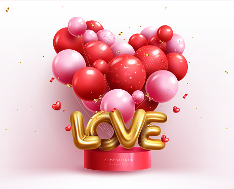 Valentine's love balloons vector design. Valentine's day podium stage for product presentation with metallic gold letter balloon in red background. Vector Illustration.
