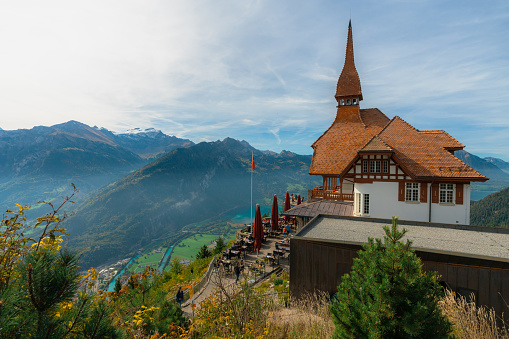 Scenic view of wooden church in Swiss Alps