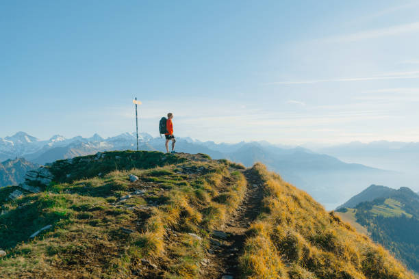 homme en randonnée sur le fond d’interlaken dans les alpes suisses près d’un panneau routier - berne alps photos et images de collection