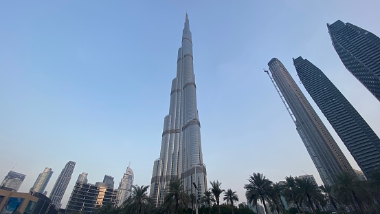 Dubai, United Arab Emirates – August 12, 2022: Burj Khalifa, the highest building in the world, at night in Dubai, UAE.