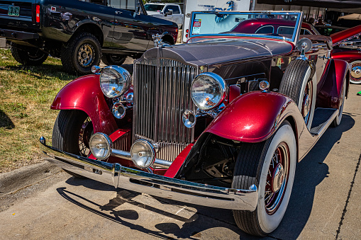 Des Moines, IA - July 02, 2022: High perspective front view of a 1933 Packard Super Eight Coupe Roadster at a local car show.