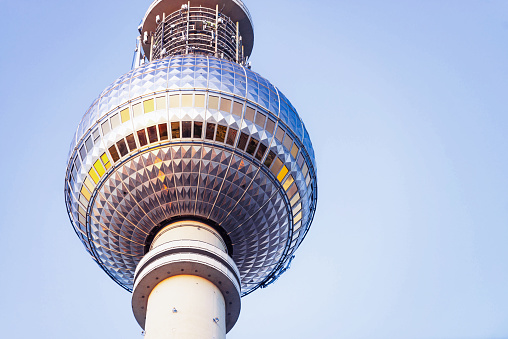 A close-up of the iconic spherical structure which makes up the main part of the TV Tower in Alexanderplatz, Berlin.