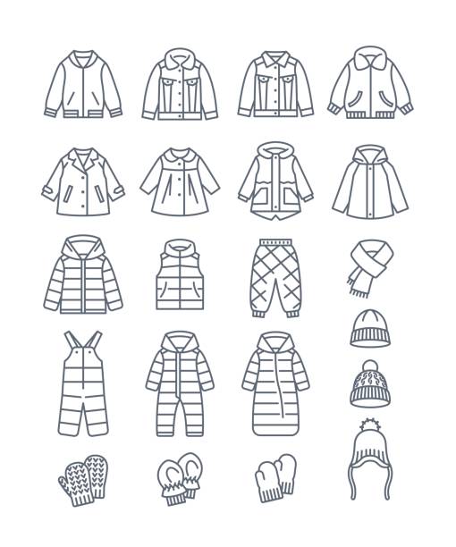 Baby outerwear jackets warm cloth thin line icons vector art illustration