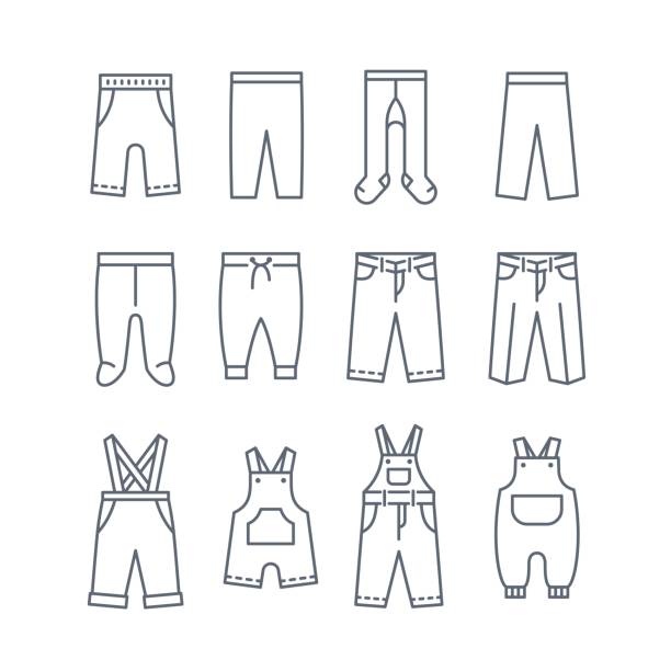 Baby clothes pants jeans rompers thin line icons vector art illustration