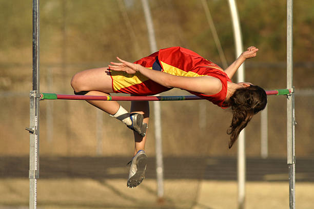Hight jump competition crossbars on stadium background.  Horizontal sport poster, greeting cards, headers, website