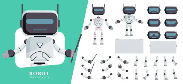 Vector illustration of Robot creator kit vector set design. Robots teacher editable character with head, arms, legs and white board elements.