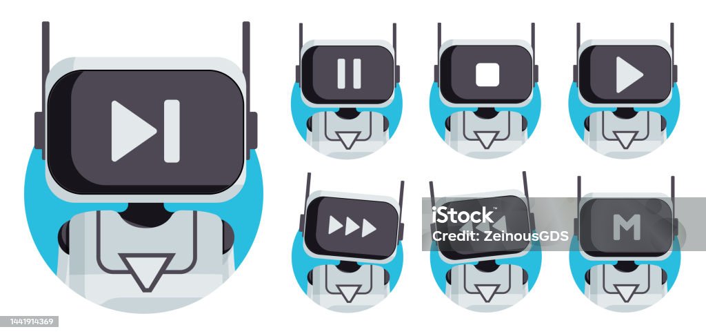 Vector Robots Button Robot Characters Vector Set Design Robots Character With Play Pause And ...
