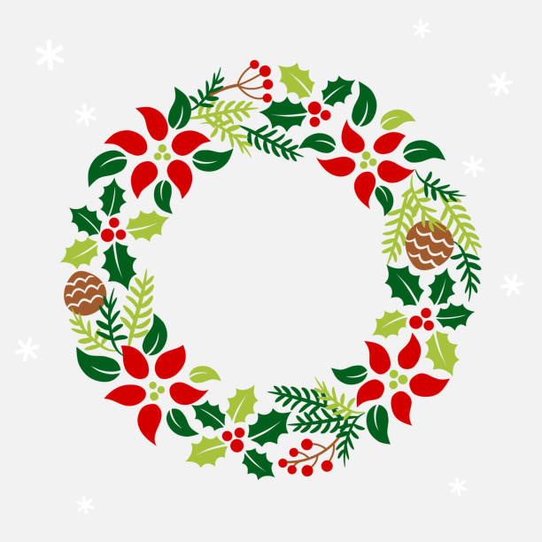 рождественский венок с падубом, пуансеттией и сосновыми листьями - poinsettia christmas wreath flower stock illustrations