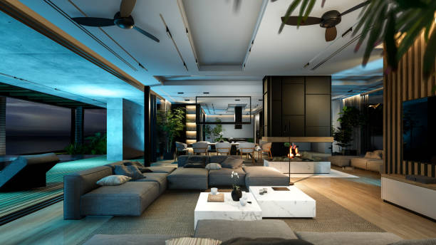 istock 3d rendering of modern cozy interior with living, dining zone, stair and kitchen in night 1441914505