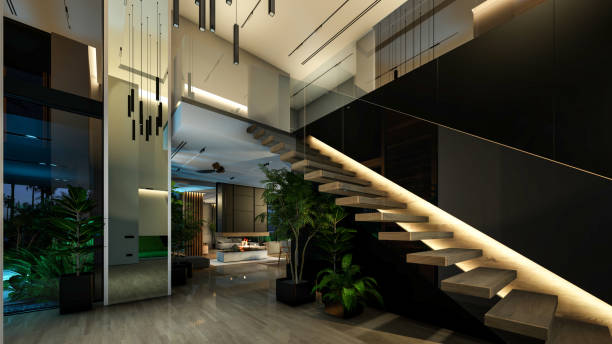 istock 3d rendering of modern cozy interior with living, dining zone, stair and kitchen in night 1441914548