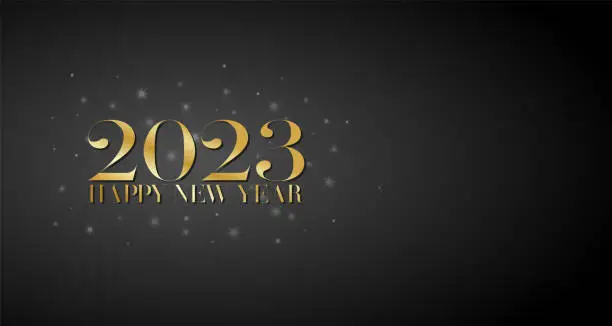 Vector illustration of Happy new year 2023. Gold inscription with snowflakes on black background. Holiday greeting card, banner. Vector illustration