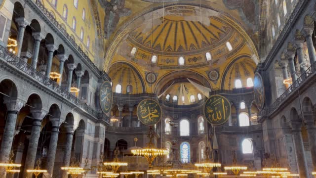 Interior panoramic view of Hagia Sophia muslim mosque in Istanbul city