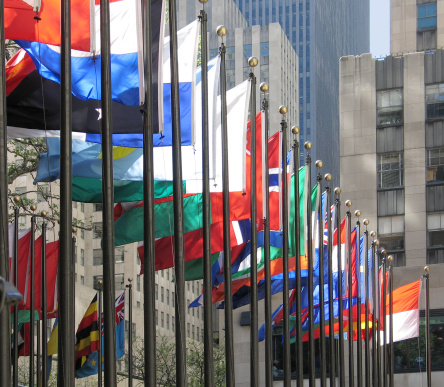 G20 summit or meeting concept. Row from flags of members of G20. 3D Render