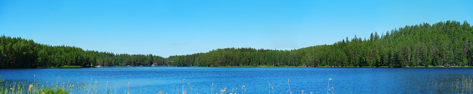 Beautiful forest lake with nice reflection. Panoramic view of beautiful lake landscape in Scandinavia forest. Landscape wide banner