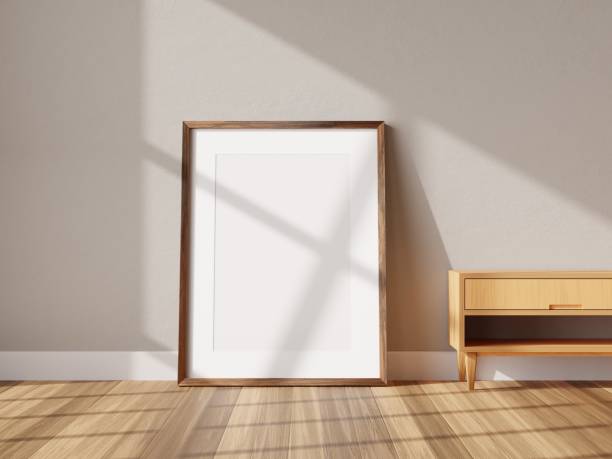 istock Vertical frame mockup in living room interior with window light and shadow. 3d rendering, 3d illustration 1441920226