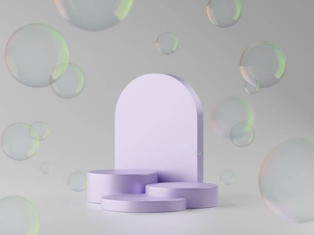 istock Abstract geometric composition for product display with levitating bubble, podium and abstract background. 1441920406