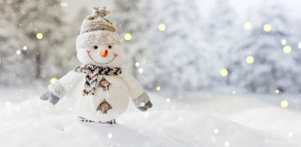 istock Snowman in winter background, snow fall. Christmas card template. 1441920483