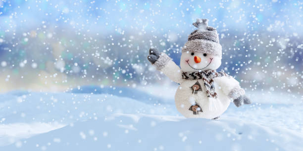 istock Snowman in winter background, snow fall. Christmas card template. 1441920513