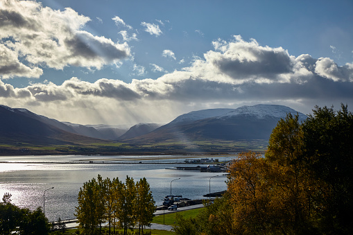 Akureyri town with view of Eyjafjörður lake in North Iceland