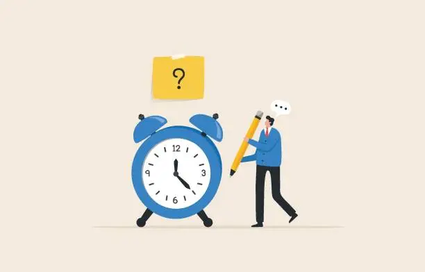 Vector illustration of Time to Write, writing theme. question mark. sets the work deadline or the weekly plan. businessman holding a pencil standing thinking and questioning a clock.