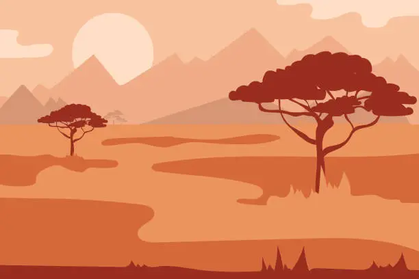 Vector illustration of Savannah vector landscape, african tree silhouette in the sunset.