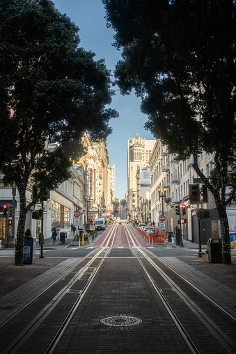 San Francisco, United States: February 18, 2022: Trolley Tracks Along Powell Street In San Francisco