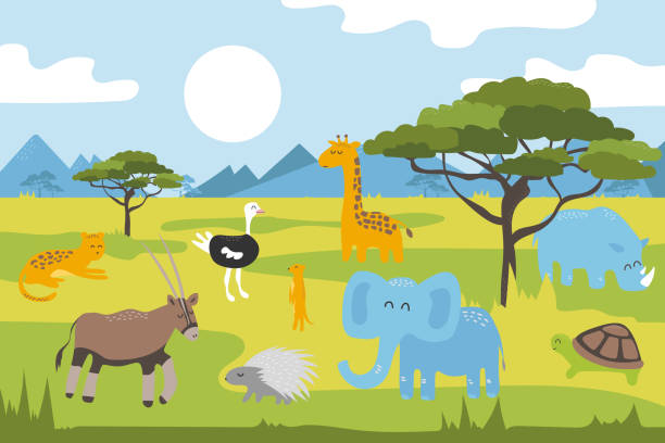 Ilustración de Animales Salvajes De Dibujos Animados En La Sabana Panorama  De Dibujos Animados Montañas Al Fondo y más Vectores Libres de Derechos de  A la moda - iStock