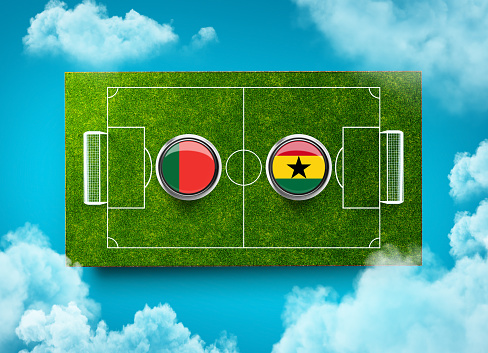 Portugal vs Ghana Versus screen banner Soccer concept. football field stadium, 3d illustration