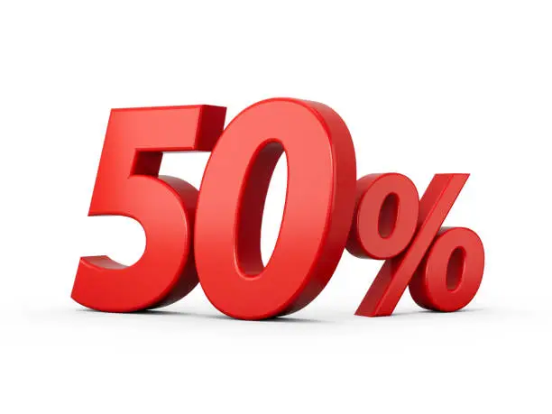 Photo of 3d Red 50% Fifty Percent Sign on White Background 3d illustration
