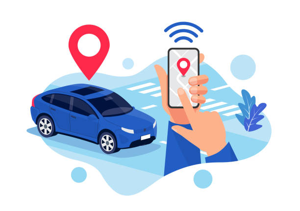 Online Car Sharing Parking Service Remote Controlled Via Smartphone App vector art illustration