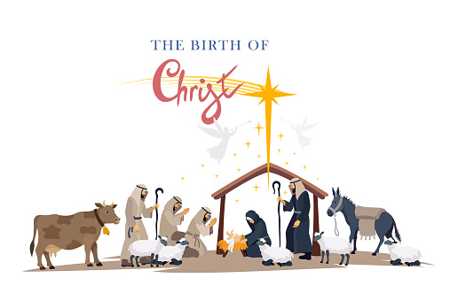 Merry Christmas Card. Birth of Christ. Nativity Scene Banner. Christmas scene and shepherds.