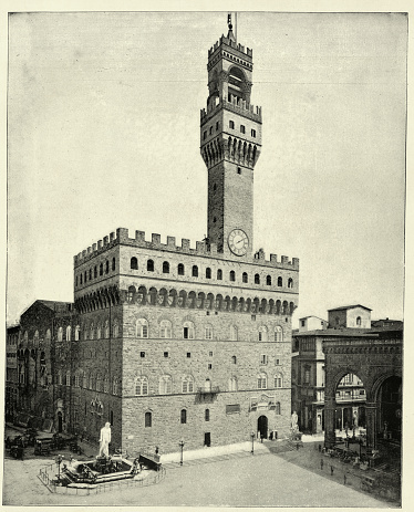 Vintage illustration after a photograph Palazzo Vecchio, the town hall of Florence, Italy, 1890s, 19th Century