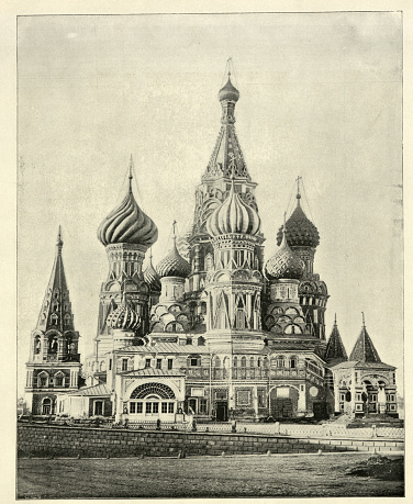 Vintage illustration after a photograph Saint Basil's Cathedral an Orthodox church in Red Square of Moscow, Russia, 1890s, 19th Century