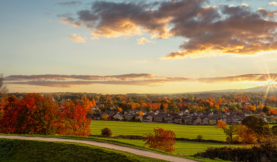 an ordinary town and landscape in Yorkshire England at sunset in autumn