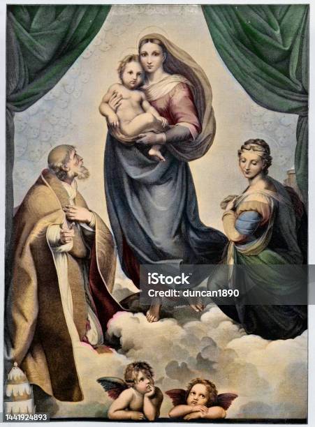 The Sistine Madonna Also Called The Madonna Di San Sisto Is An Oil Painting By The Italian Artist Raphael Commissioned In 1512 By Pope Julius Ii Stock Illustration - Download Image Now