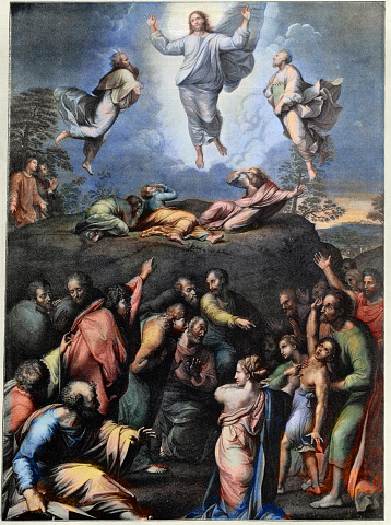 Vintage illustration after The Transfiguration by the last painting by the Italian High Renaissance master Raphael